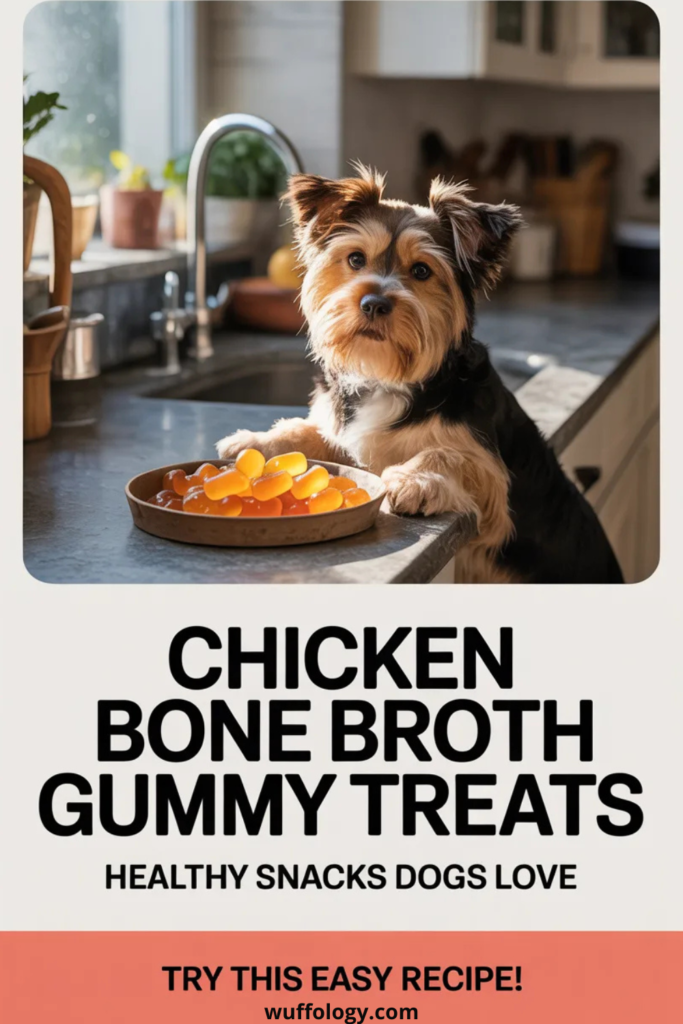 Small dog standing at a kitchen counter next to a plate of chicken bone broth gummy treats, looking curious and excited. The image features bold text reading ‘Chicken Bone Broth Gummy Treats – Healthy Snacks Dogs Love’ with a call to action to try the easy recipe
