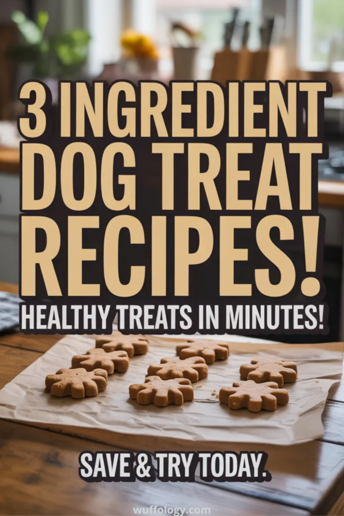 Homemade dog treats shaped like flowers cooling on parchment paper in a cozy kitchen setting, with bold text reading ‘3 Ingredient Dog Treat Recipes! Healthy treats in minutes! Save & Try Today