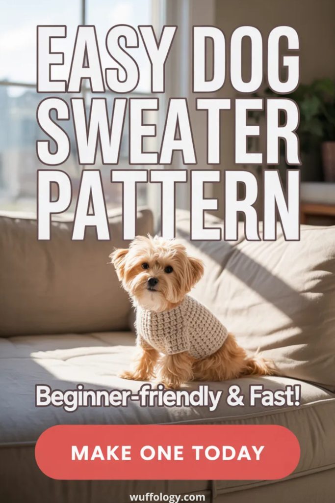 Small fluffy dog sitting on a beige couch wearing a handmade crochet sweater in natural sunlight. Large bold text reads ‘Easy Dog Sweater Pattern – Beginner-friendly & Fast!’ with a red button that says ‘Make One Today’ and the website wuffology.com at the bottom