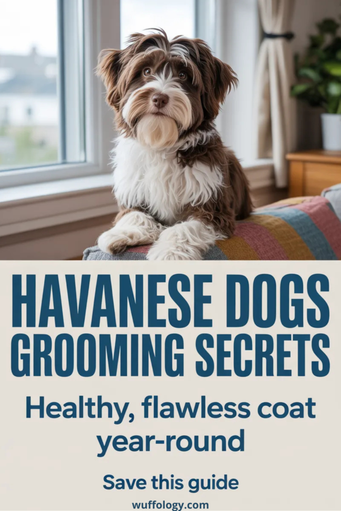 Fluffy brown and white Havanese dog sitting by a bright window on a couch, looking alert and well-groomed. Bold text reads ‘Havanese Dogs Grooming Secrets – Healthy, flawless coat year-round’ with a call to action to save the guide.