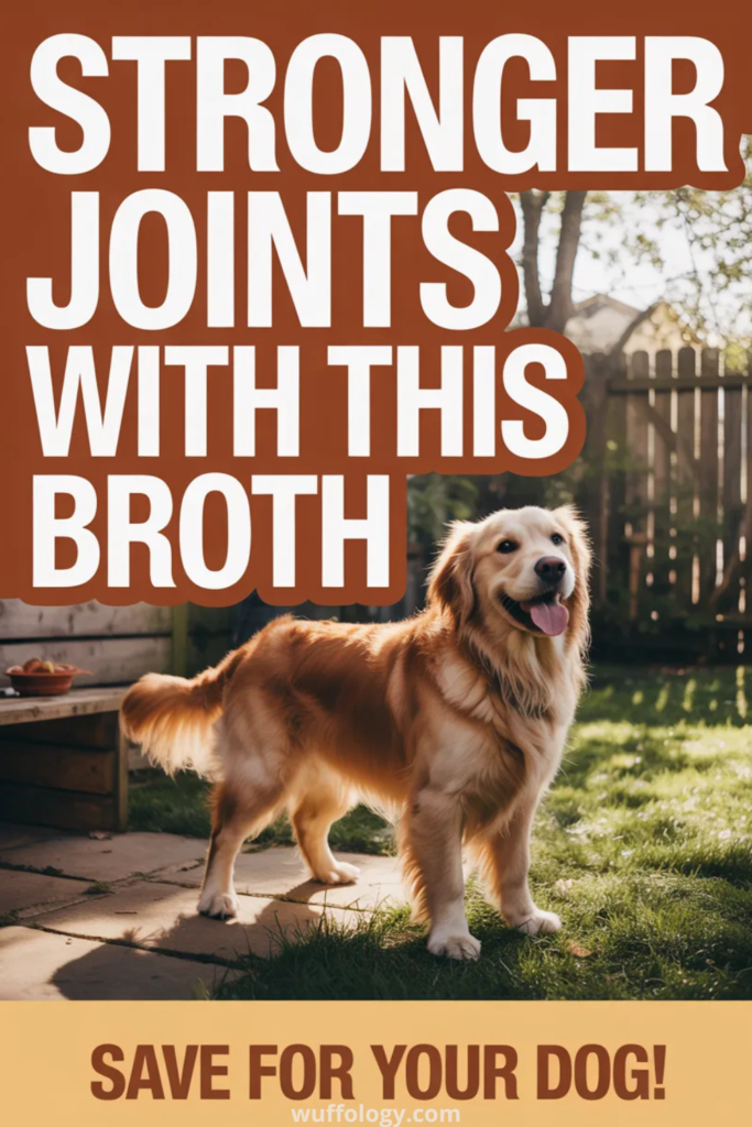 Alt text: “Golden retriever standing happily in a sunny backyard with large bold text reading ‘Stronger Joints With This Broth’ and a banner at the bottom that says ‘Save for your dog!’ promoting a healthy bone broth recipe for dogs