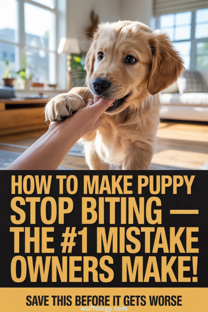 Golden retriever puppy playfully biting a person’s finger in a bright living room. Bold text overlay reads ‘How to Make Puppy Stop Biting — The #1 Mistake Owners Make!’ with a call to action saying ‘Save This Before It Gets Worse’ and the website wuffology.com