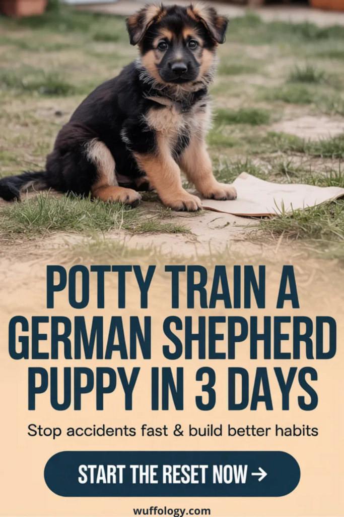 German Shepherd puppy sitting on grass next to a training pad outdoors, looking attentive during potty training. Bold text reads ‘Potty Train A German Shepherd Puppy in 3 Days’ with subtext ‘Stop accidents fast & build better habits’ and a call-to-action button ‘Start the reset now