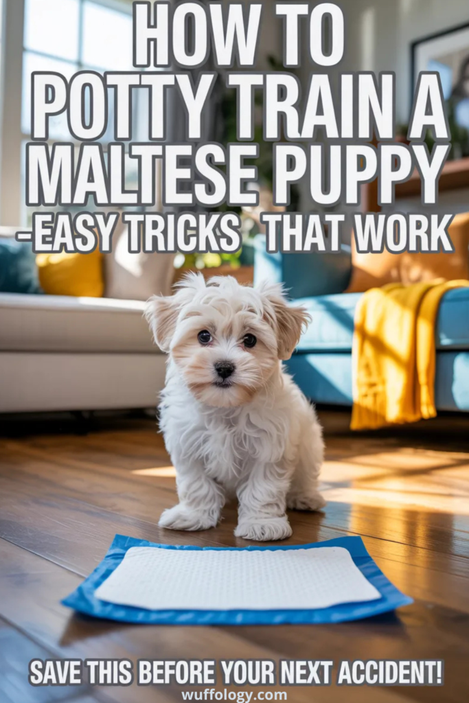 Small white Maltese puppy sitting on a wooden floor indoors in front of a training pee pad, with a bright living room background. Large text overlay reads ‘How to Potty Train a Maltese Puppy – Easy Tricks That Work’ and ‘Save This Before Your Next Accident