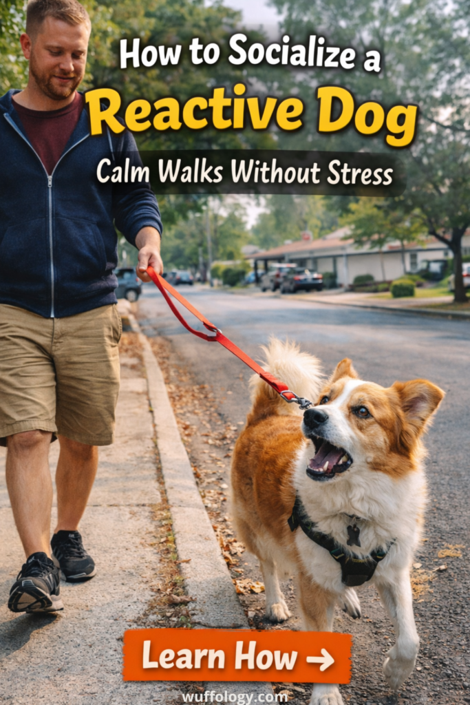Dog owner walking a reactive dog on a leash along a neighborhood street, with the dog barking and pulling forward. Overlay text reads ‘How to Socialize a Reactive Dog – Calm Walks Without Stress’ with a ‘Learn How’ call-to-action button