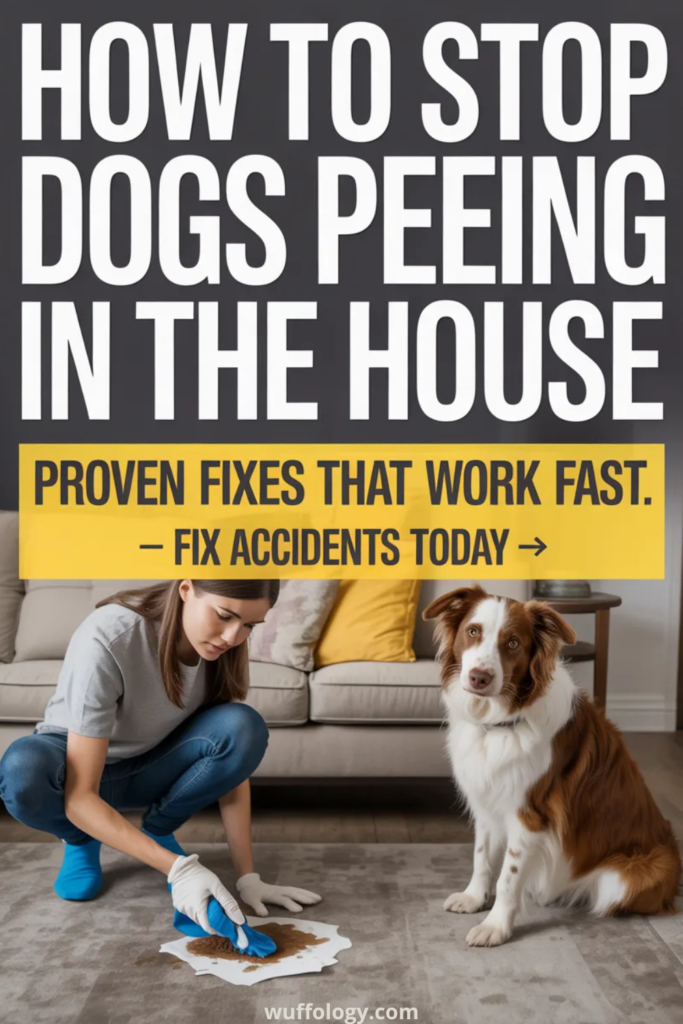 Woman cleaning a dog pee accident from the floor in a living room while a brown and white dog sits nearby. Large bold text reads ‘How to Stop Dogs Peeing in the House – Proven Fixes That Work Fast – Fix Accidents Today’ with a yellow banner and wuffology.com at the bottom