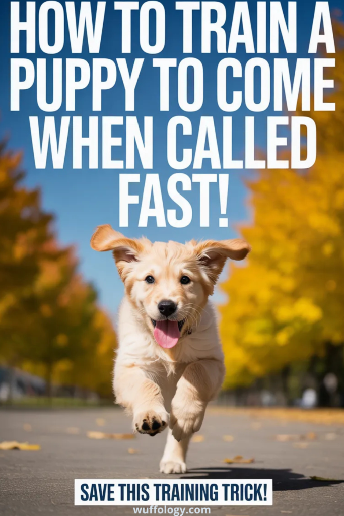 Happy golden puppy running toward the camera on a paved path with autumn trees in the background. Large bold text reads ‘How to Train a Puppy to Come When Called Fast!’ and a banner at the bottom says ‘Save This Training Trick!’ with the website wuffology.com.