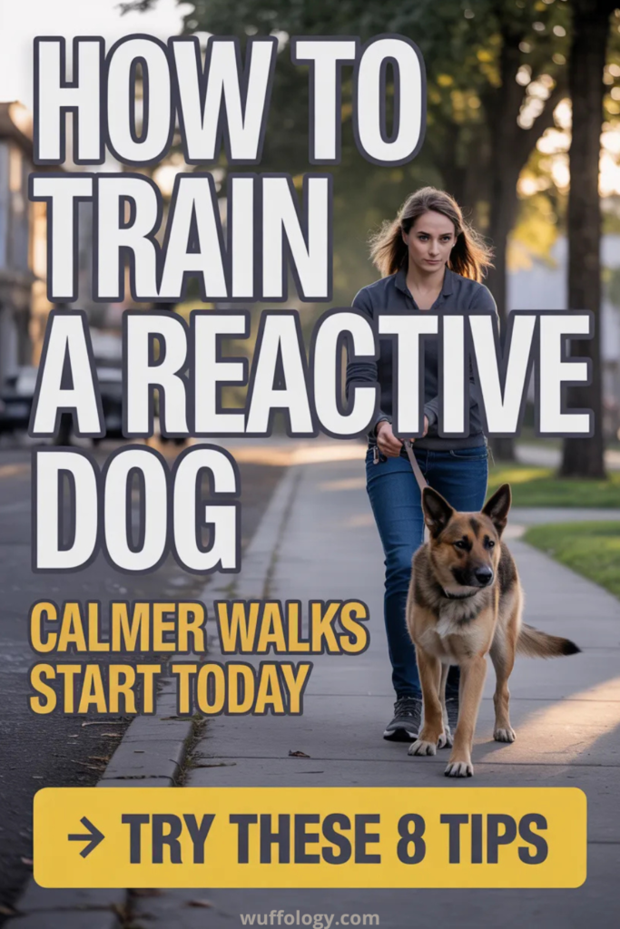 Woman walking a German Shepherd on a quiet neighborhood sidewalk during golden hour. Large bold text reads ‘How to Train a Reactive Dog – Calmer Walks Start Today’ with a yellow banner at the bottom saying ‘Try These 8 Tips’ and the website wuffology.com
