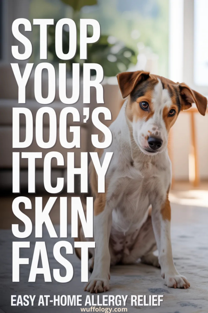 Dog sitting indoors on a floor with a concerned expression, next to large bold text reading ‘Stop Your Dog’s Itchy Skin Fast’ and smaller text ‘Easy at-home allergy relief’ with the website wuffology.com shown at the bottom.