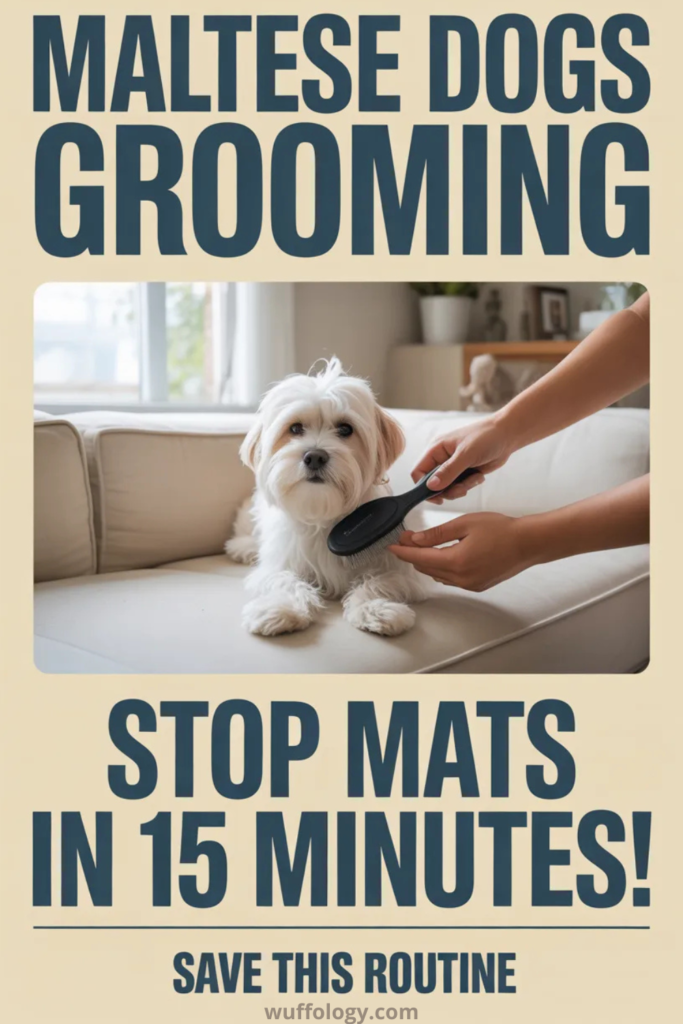 White Maltese dog sitting on a beige couch while a person gently brushes its coat with a black grooming brush. Large bold text reads ‘Maltese Dogs Grooming – Stop Mats in 15 Minutes! Save This Routine’ in a clean, high-contrast layout