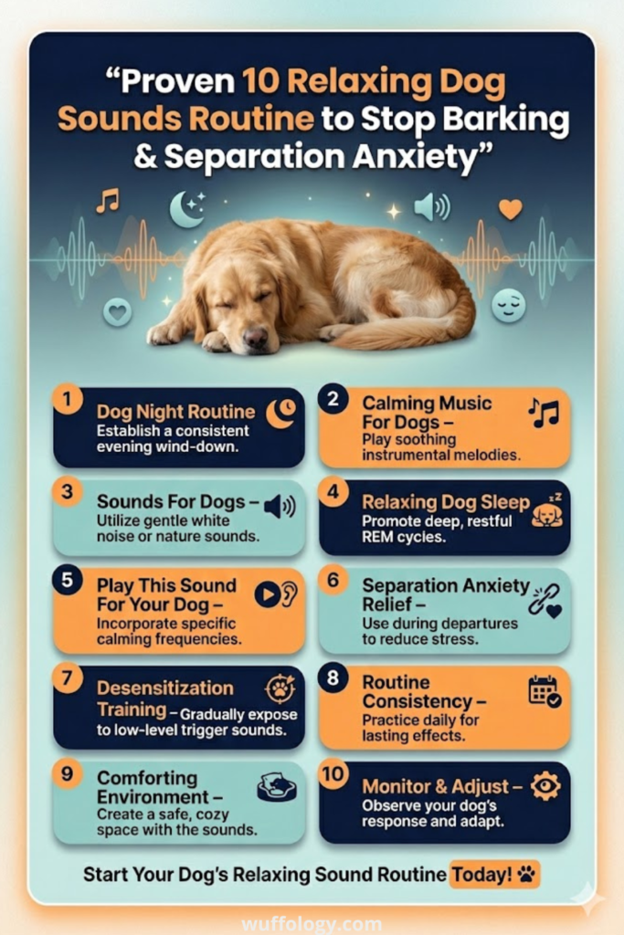 2:3 vertical infographic pin titled ‘Proven 10 Relaxing Dog Sounds Routine to Stop Barking & Separation Anxiety’ featuring a sleeping golden dog with sound wave graphics and icons. Below are 10 numbered tips including Dog Night Routine, Calming Music For Dogs, Sounds For Dogs, Relaxing Dog Sleep, Separation Anxiety Relief, and more, in bold contrasting navy and orange sections