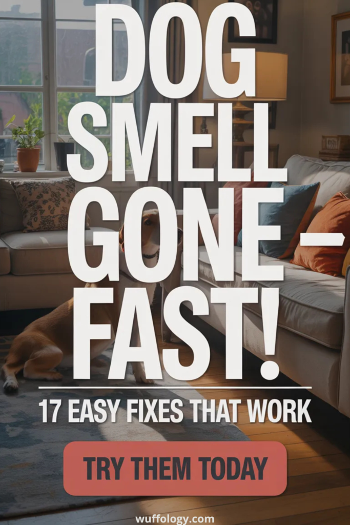 Cozy living room with a dog sitting on a rug near a couch and window, overlaid with large bold text reading ‘Dog Smell Gone Fast! 17 Easy Fixes That Work’ and a red button that says ‘Try Them Today,’ promoting natural ways to remove dog odor from the house