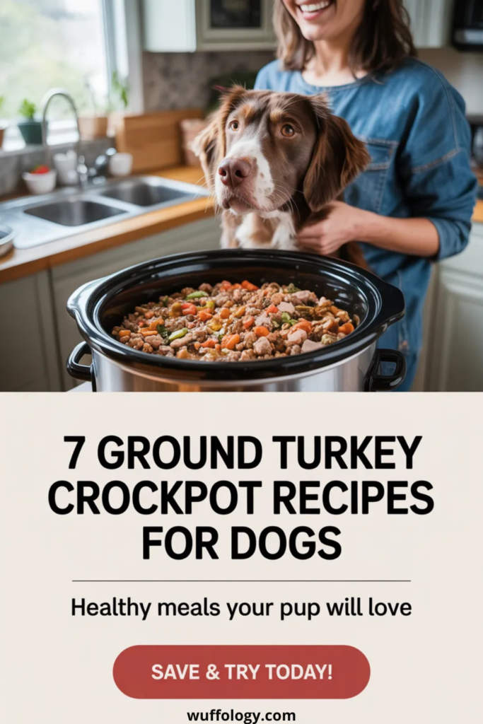 Dog owner standing in a home kitchen beside a crockpot filled with homemade ground turkey dog food while a dog looks at the meal. Text overlay reads ‘7 Ground Turkey Crockpot Recipes For Dogs – Healthy meals your pup will love’ with a save button call to action
