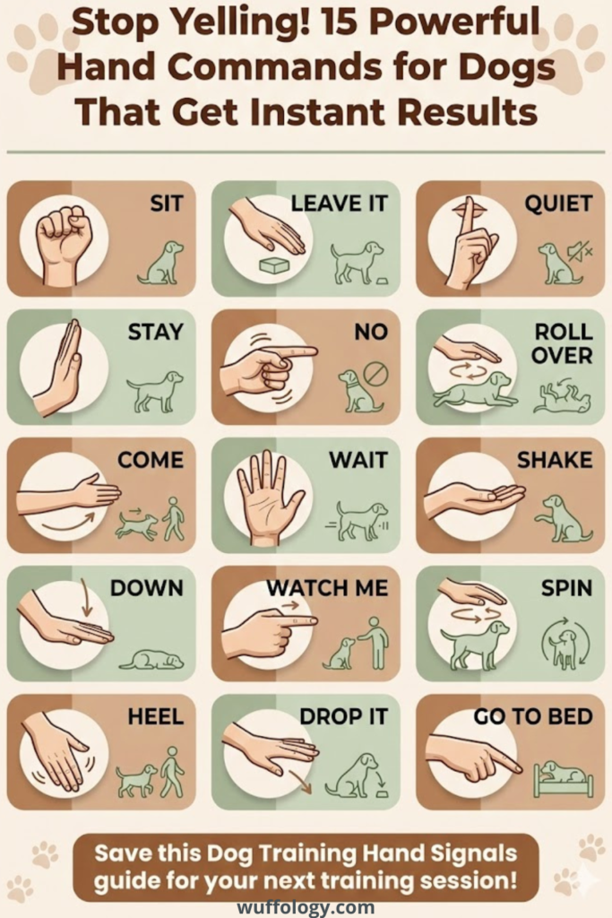 Vertical infographic titled ‘Stop Yelling! 15 Powerful Hand Commands for Dogs That Get Instant Results’ showing illustrated hand signals for commands like Sit, Stay, Come, Down, Heel, Leave It, Quiet, Roll Over, Wait, Shake, Watch Me, Spin, Drop It, No, and Go To Bed, with small dog icons demonstrating each action and a call to save the dog training hand signals guide