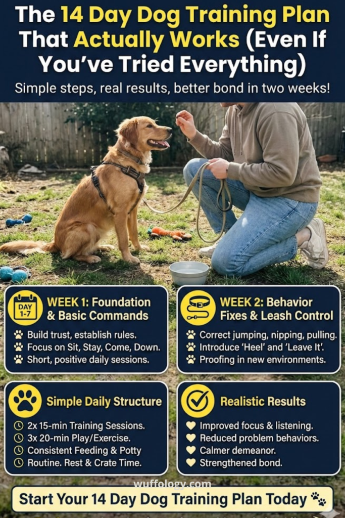 Infographic-style Pinterest pin titled ‘The 14 Day Dog Training Plan That Actually Works (Even If You’ve Tried Everything)’ showing a person training a golden retriever outdoors with a treat and leash. The graphic outlines Week 1 foundation and basic commands, Week 2 behavior fixes and leash control, simple daily structure, realistic results, and a call to action to start the 14 day dog training plan.