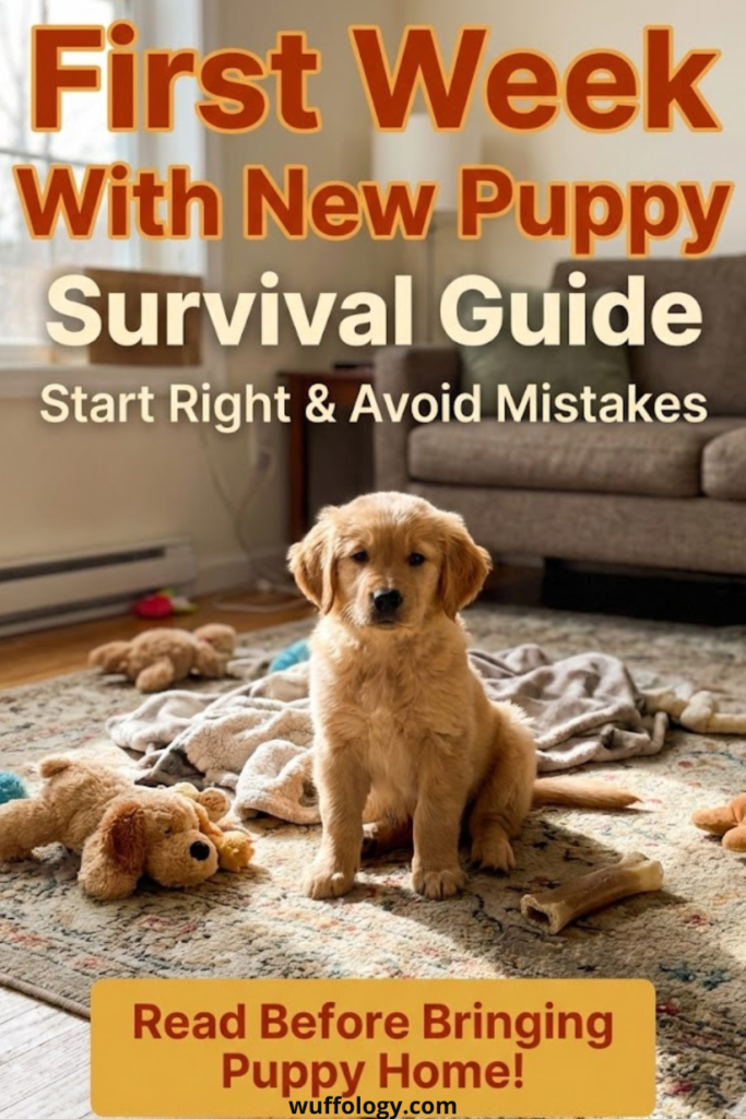 Golden retriever puppy sitting on a living room rug surrounded by toys and blankets, with bold text reading ‘First Week With New Puppy Survival Guide – Start Right & Avoid Mistakes’ and a call-to-action saying ‘Read Before Bringing Puppy Home!