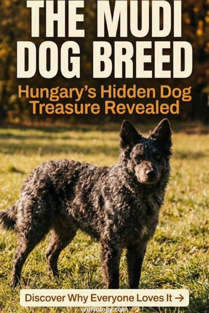 Curly-coated Mudi dog standing in a grassy field during golden hour with bold text reading ‘The Mudi Dog Breed – Hungary’s Hidden Dog Treasure Revealed’ and a call-to-action banner at the bottom