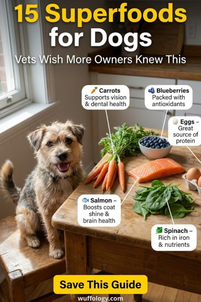 Vertical infographic pin titled ‘15 Superfoods for Dogs – Vets Wish More Owners Knew This.’ A small scruffy dog sits beside a wooden table with carrots, blueberries, salmon, spinach, and eggs displayed. Each food has short health benefit labels, and a bold yellow button at the bottom says ‘Save This Guide’ with wuffology.com underneath.”