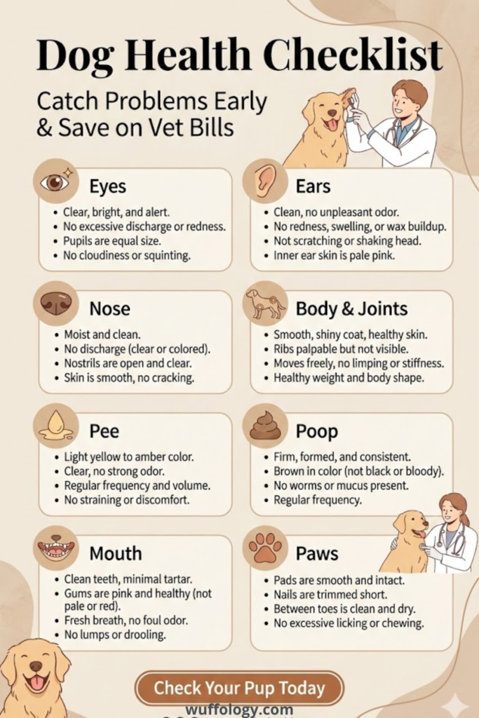 Vertical infographic titled ‘Dog Health Checklist – Catch Problems Early & Save on Vet Bills’ featuring illustrated sections for Eyes, Ears, Nose, Body & Joints, Pee, Poop, Mouth, and Paws with bullet-point health signs. Includes small vet and dog illustrations and a call-to-action button reading ‘Check Your Pup Today’ at the bottom
