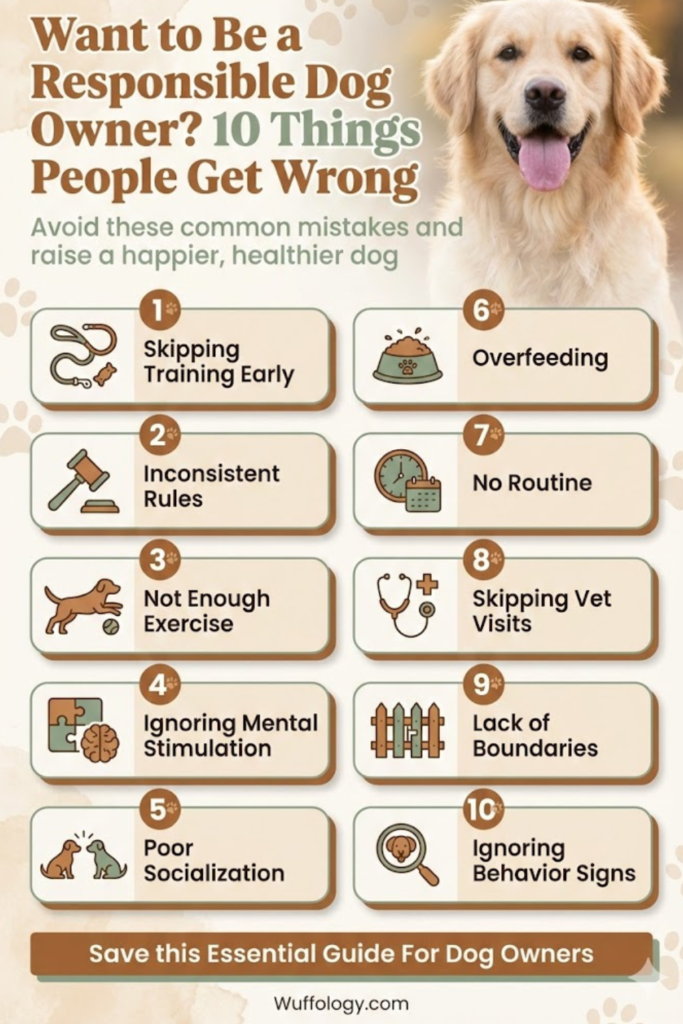 Vertical infographic titled ‘Want to Be a Responsible Dog Owner? 10 Things People Get Wrong’ featuring a happy Golden Retriever at the top. The design lists common mistakes like Skipping Training Early, Overfeeding, No Routine, Poor Socialization, and Ignoring Behavior Signs, with simple dog-themed icons and warm beige tones