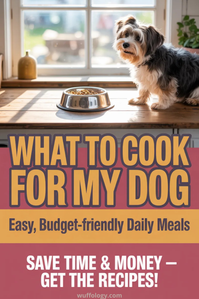 Small fluffy dog sitting on a wooden kitchen counter next to a metal bowl of dog food, with sunlight coming through a window behind. Bold text overlay reads ‘What To Cook For My Dog – Easy, Budget-friendly Daily Meals’ and ‘Save Time & Money – Get the Recipes!’ with wuffology.com at the bottom