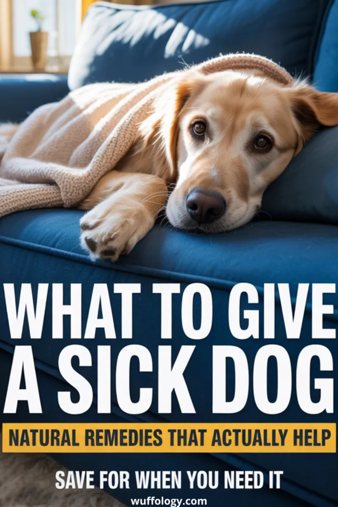 Light-colored dog lying on a blue couch under a beige blanket, looking tired and resting indoors. Bold text on the image reads ‘What To Give a Sick Dog – Natural Remedies That Actually Help’ with a call to action saying ‘Save for when you need it’ and the website wuffology.com at the bottom