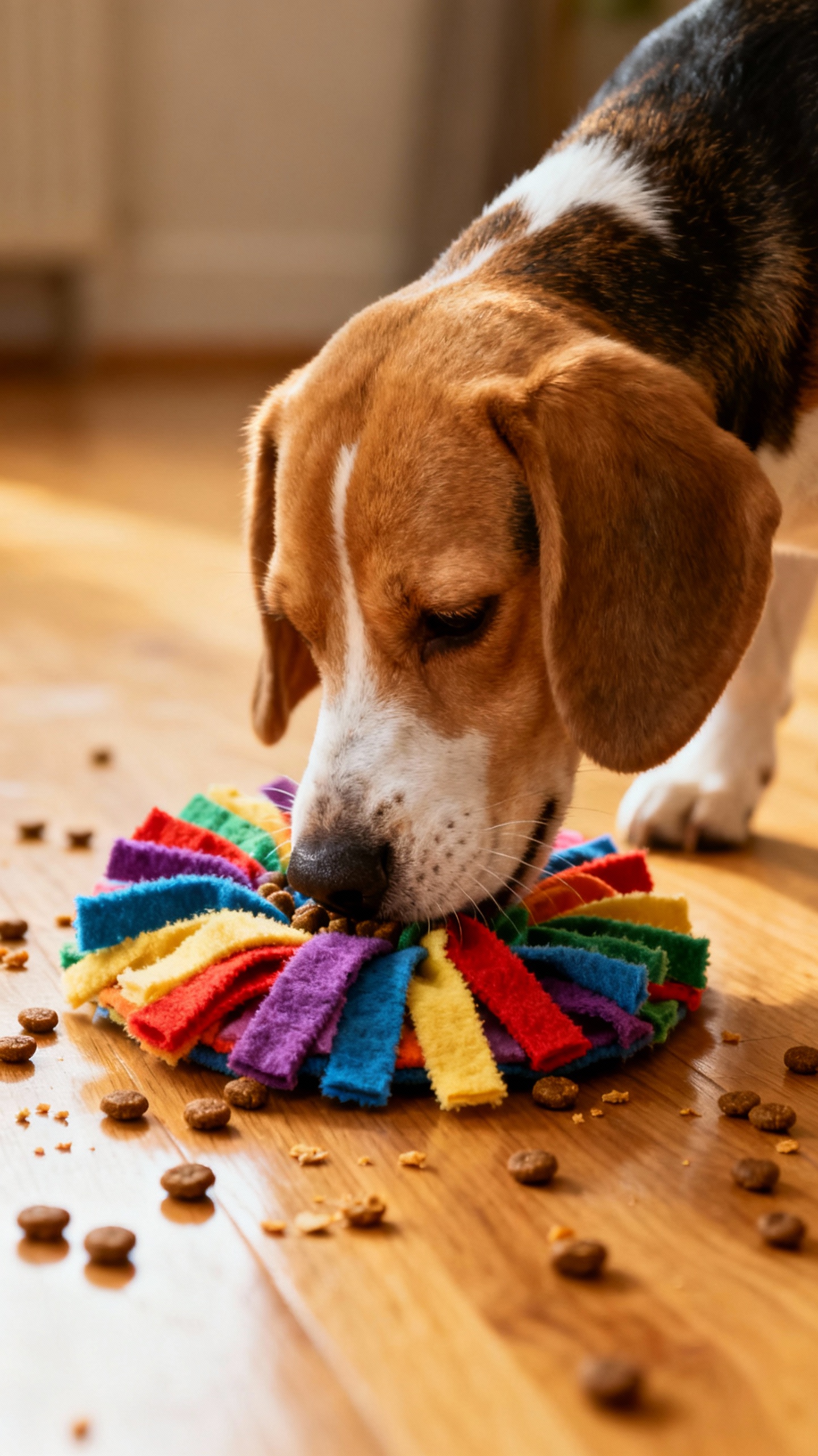Beagle sniffing snuffle mat, nose buried in colorful fleece strips, scattered kibble crumbs, indoor