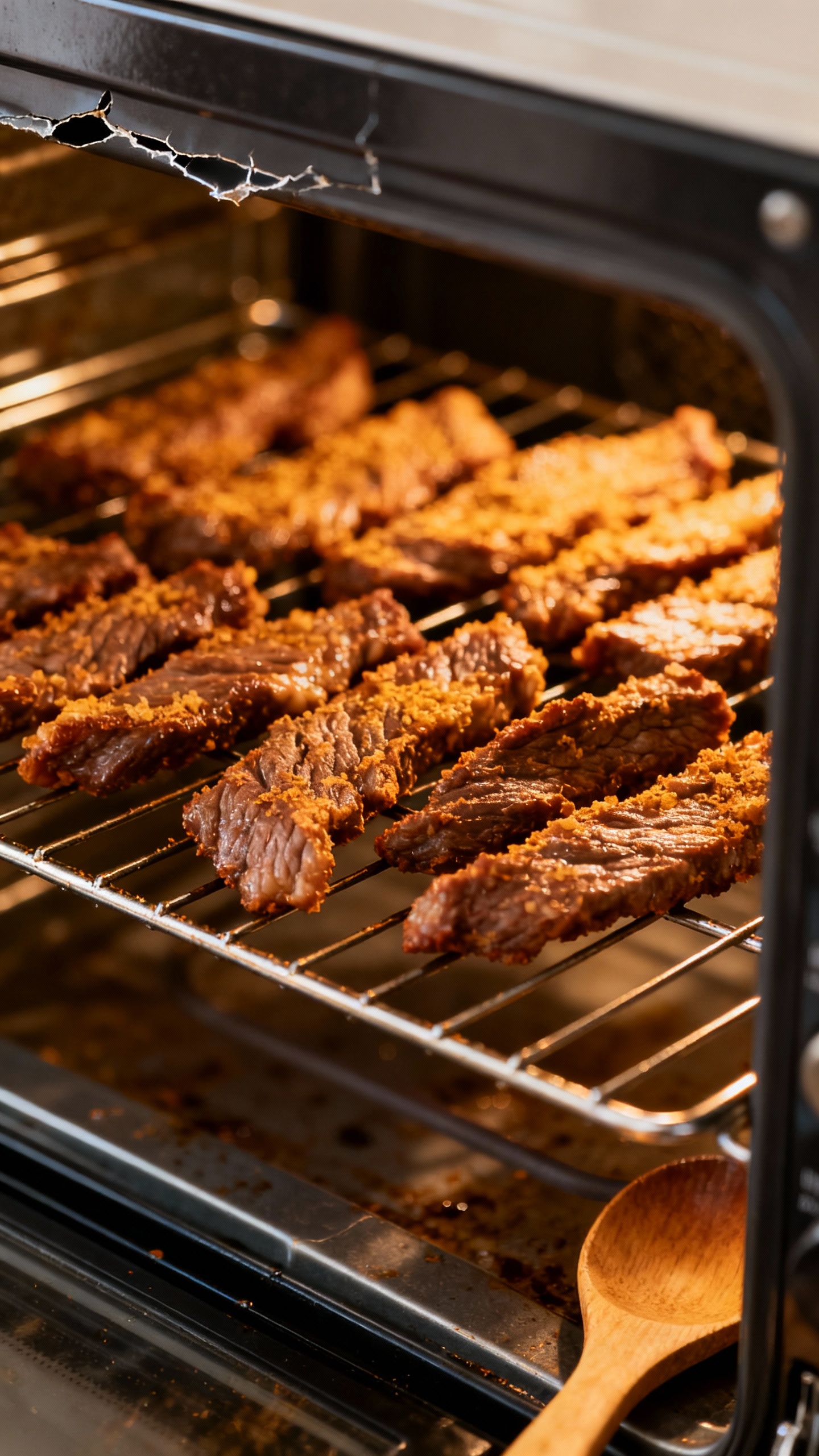 Closeup beef strips on wire rack, oven door cracked, visible wooden spoon