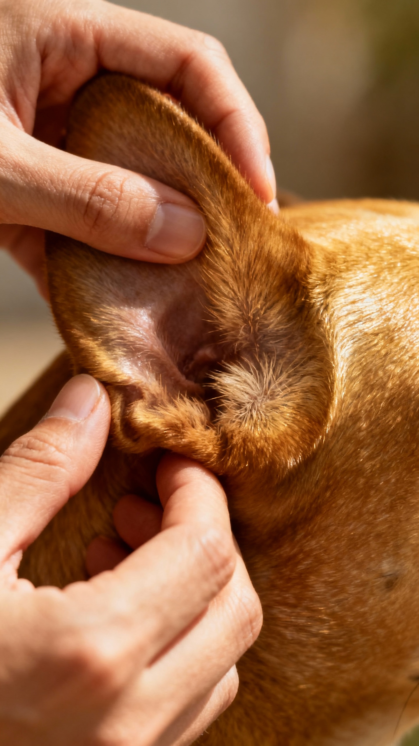 Closeup hands massaging dog’s ear base, smooth fur, soft lighting