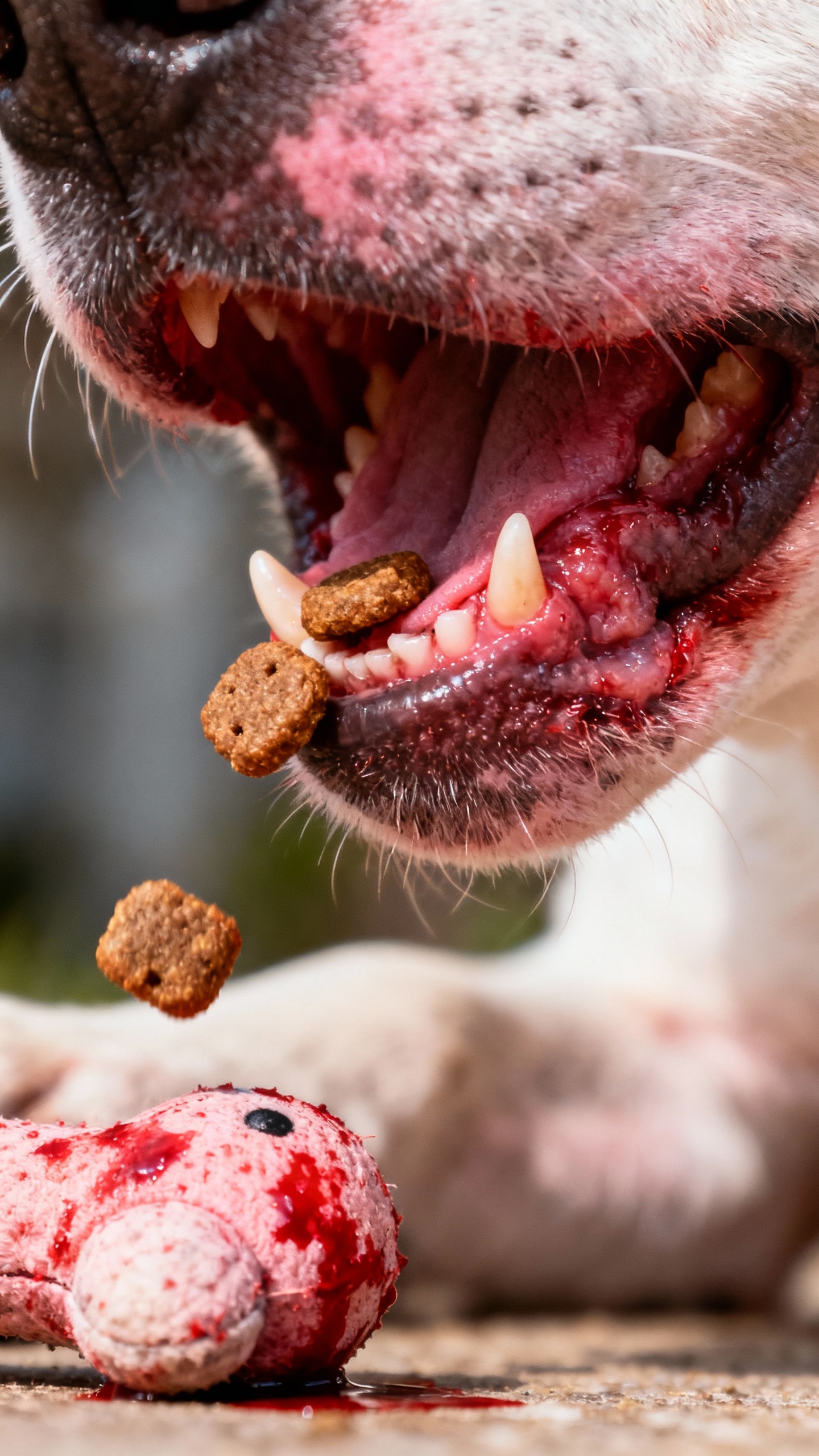 Closeup of dog mouth dropping kibble, inflamed gums, blood-stained toy nearby