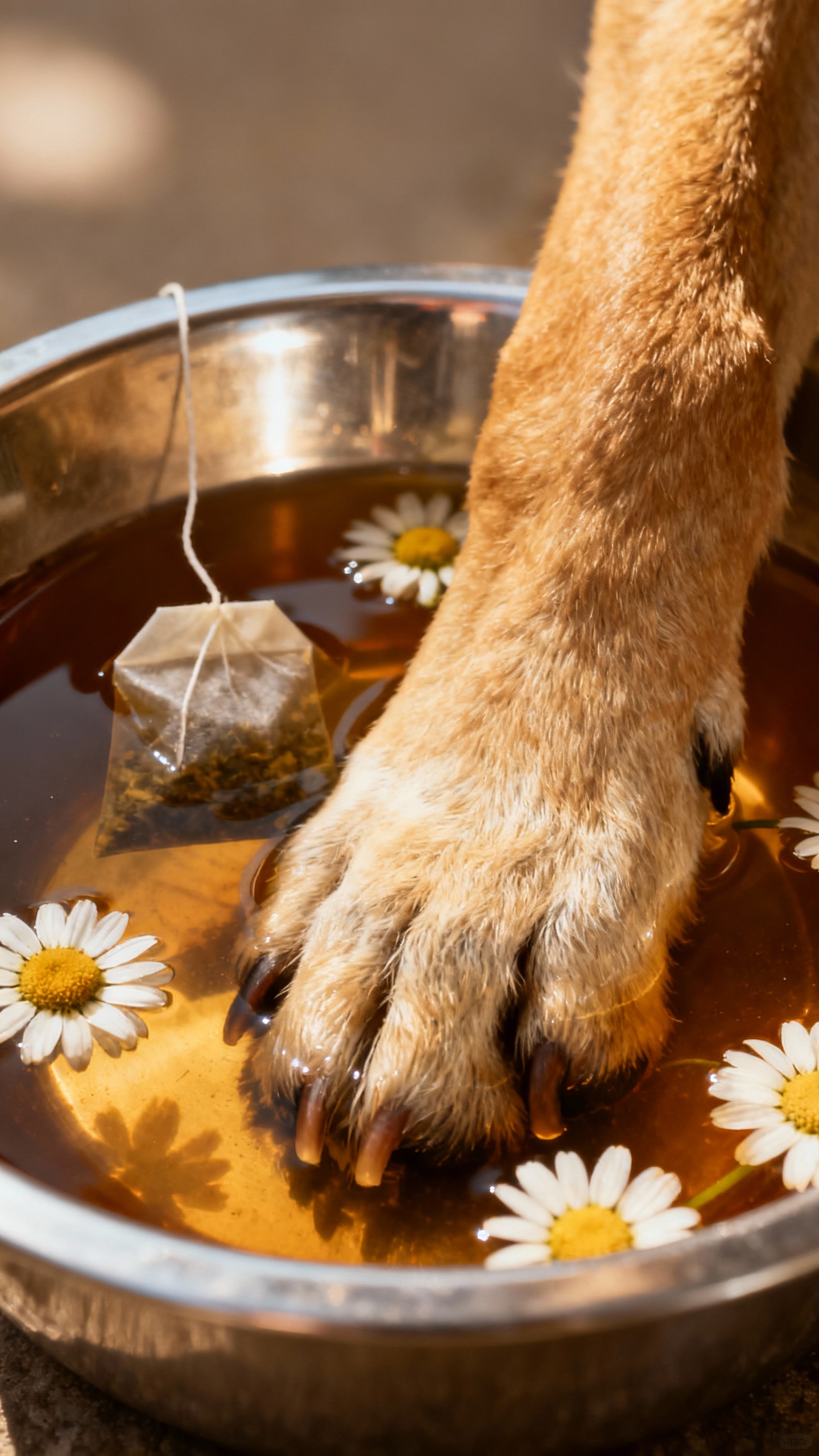 Closeup of dog paw soaked in chamomile tea, tea bags floating, stainless bowl, warm light