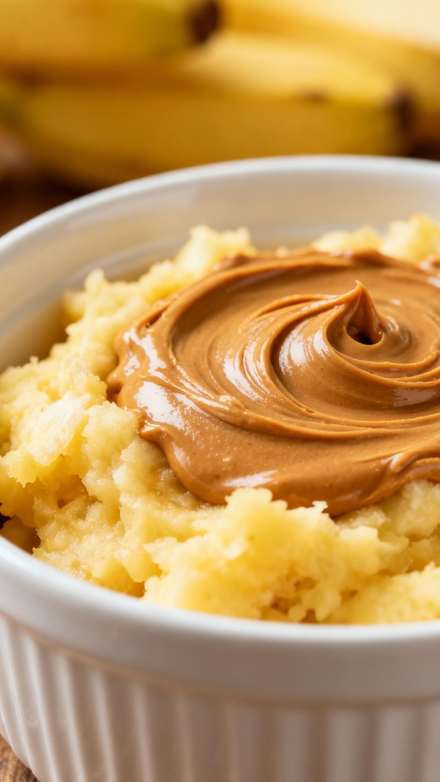 Closeup of mashed ripe banana and peanut butter swirling in bowl