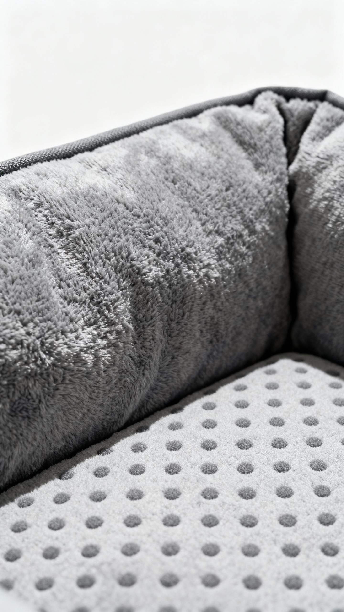 Closeup of orthopedic memory foam dog bed, textured gray cover, non-slip bottom dots, soft daylight