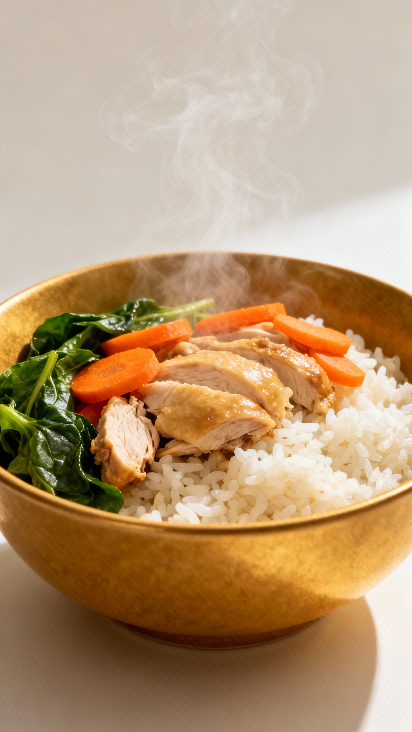 Closeup steaming chicken and rice bowl with carrots, spinach