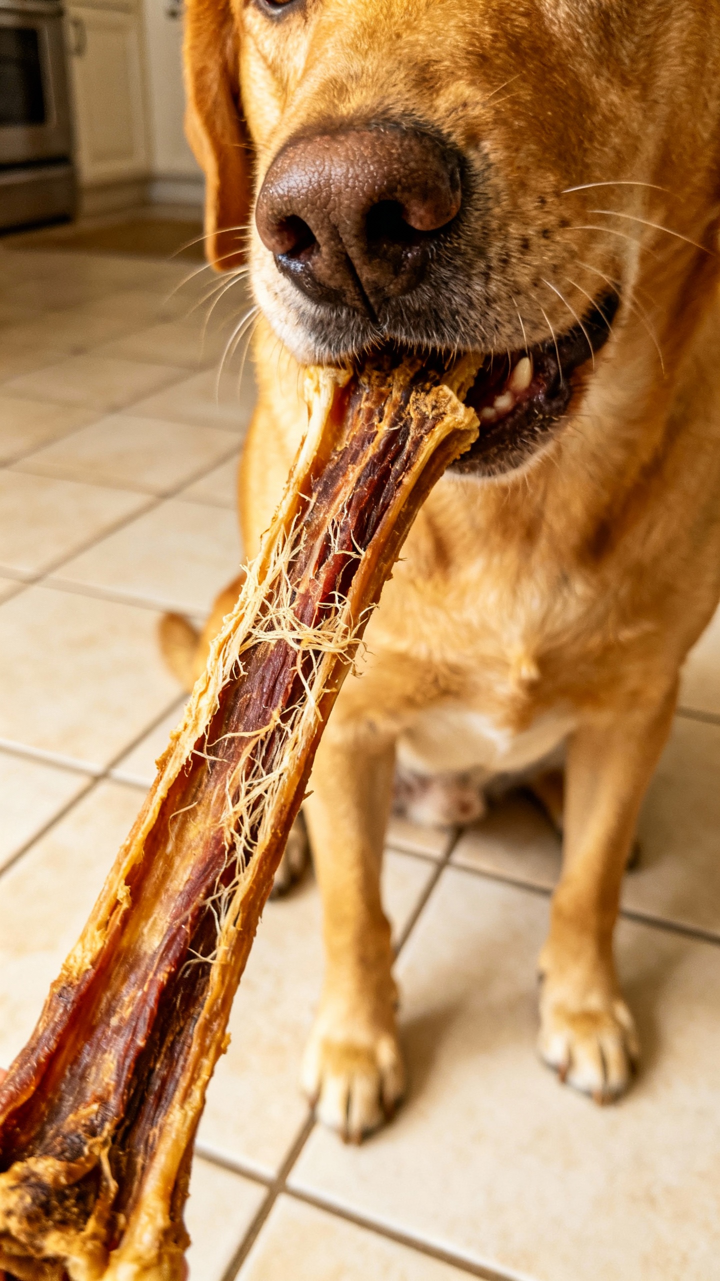 Dog chewing dehydrated beef tendon on kitchen floor, fibrous texture visible