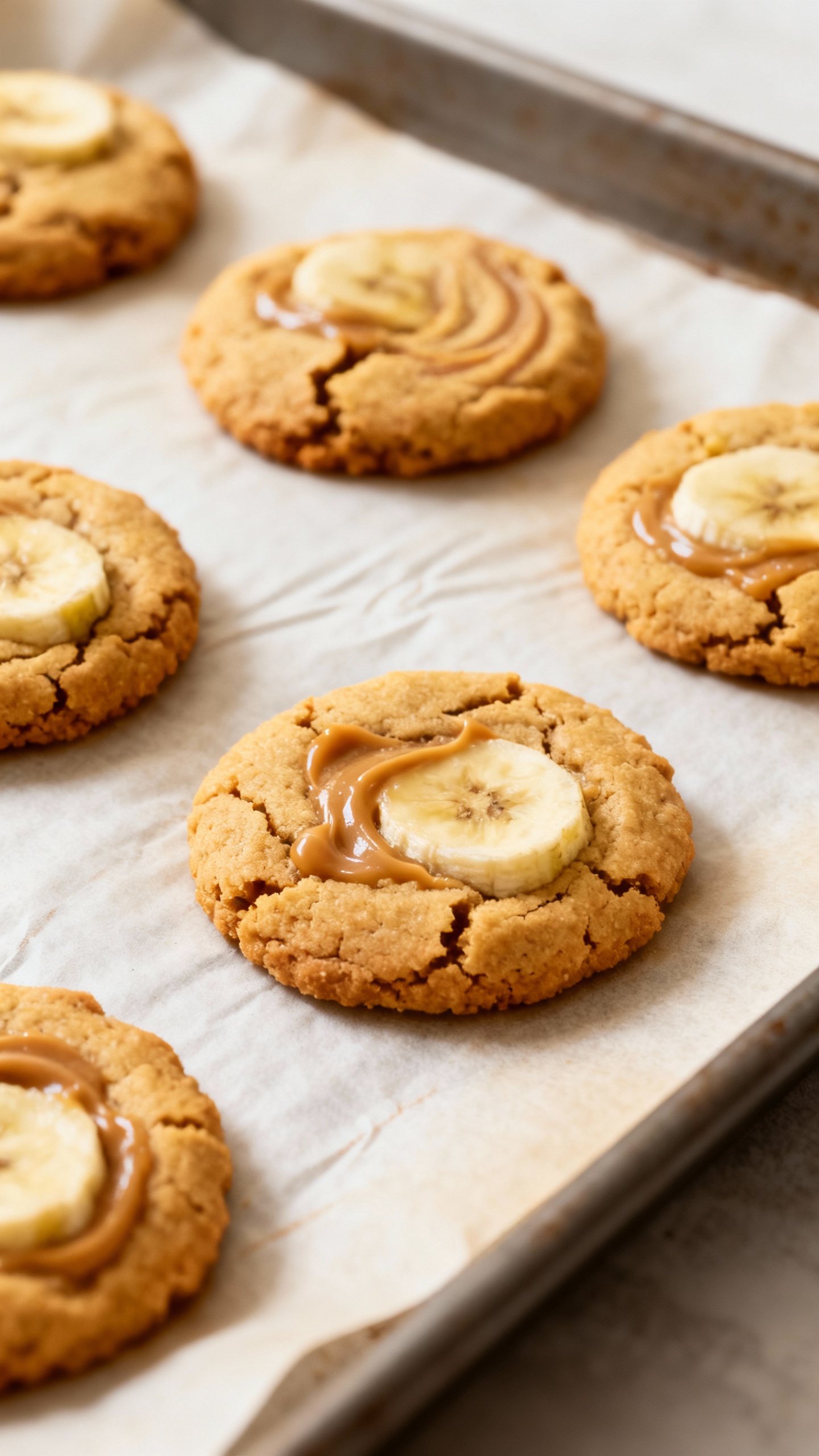 Golden banana-peanut butter dog cookies cooling on parchment-lined tray