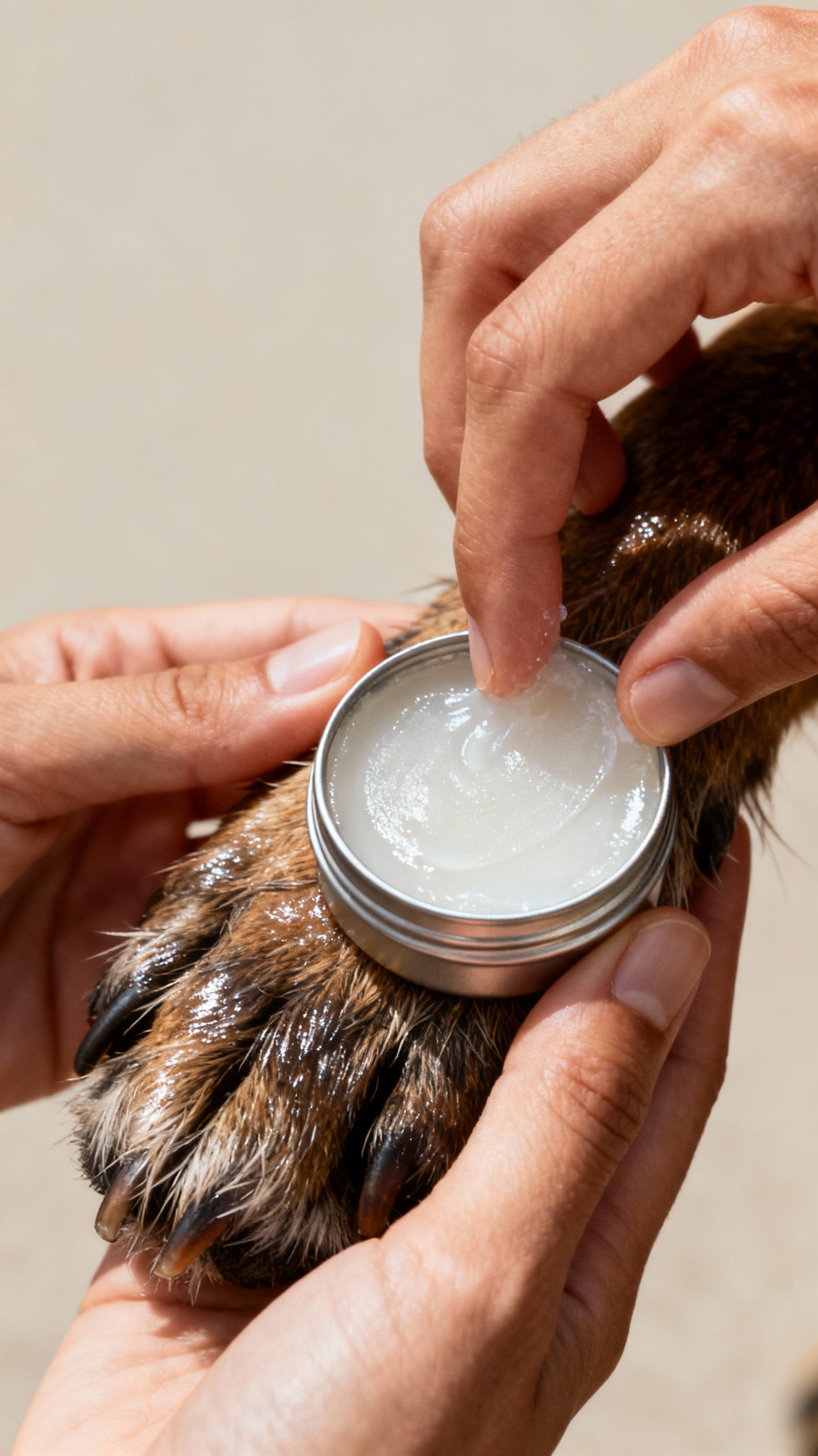 Hands applying homemade paw balm from small tin, coconut oil sheen, coarse dog fur, neutral backgrou