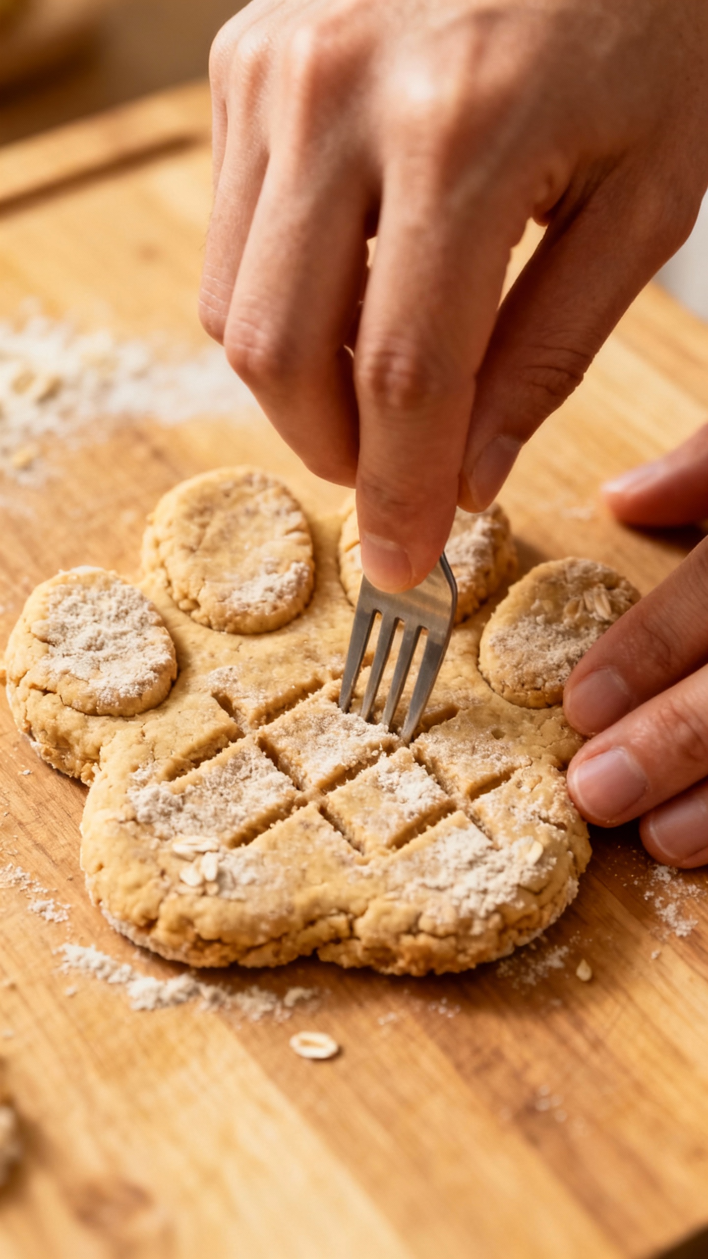 Hands pressing crosshatch fork marks on paw-shaped oat flour dough