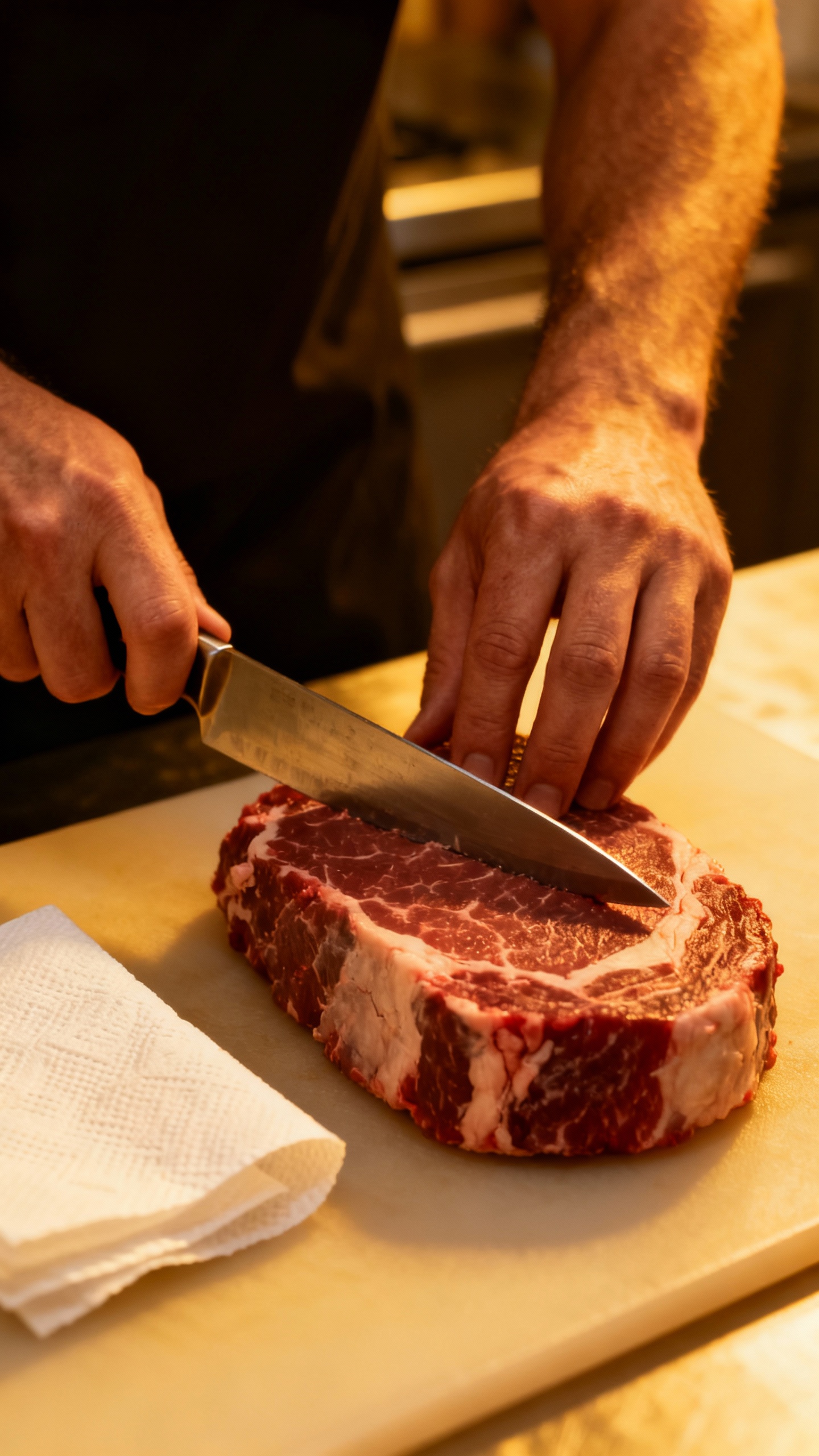 Male hands trimming fat from beef top round, sharp knife, paper towels