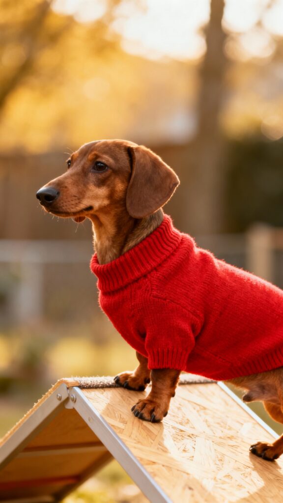 Miniature smooth dachshund wearing red sweater on ramp, side view