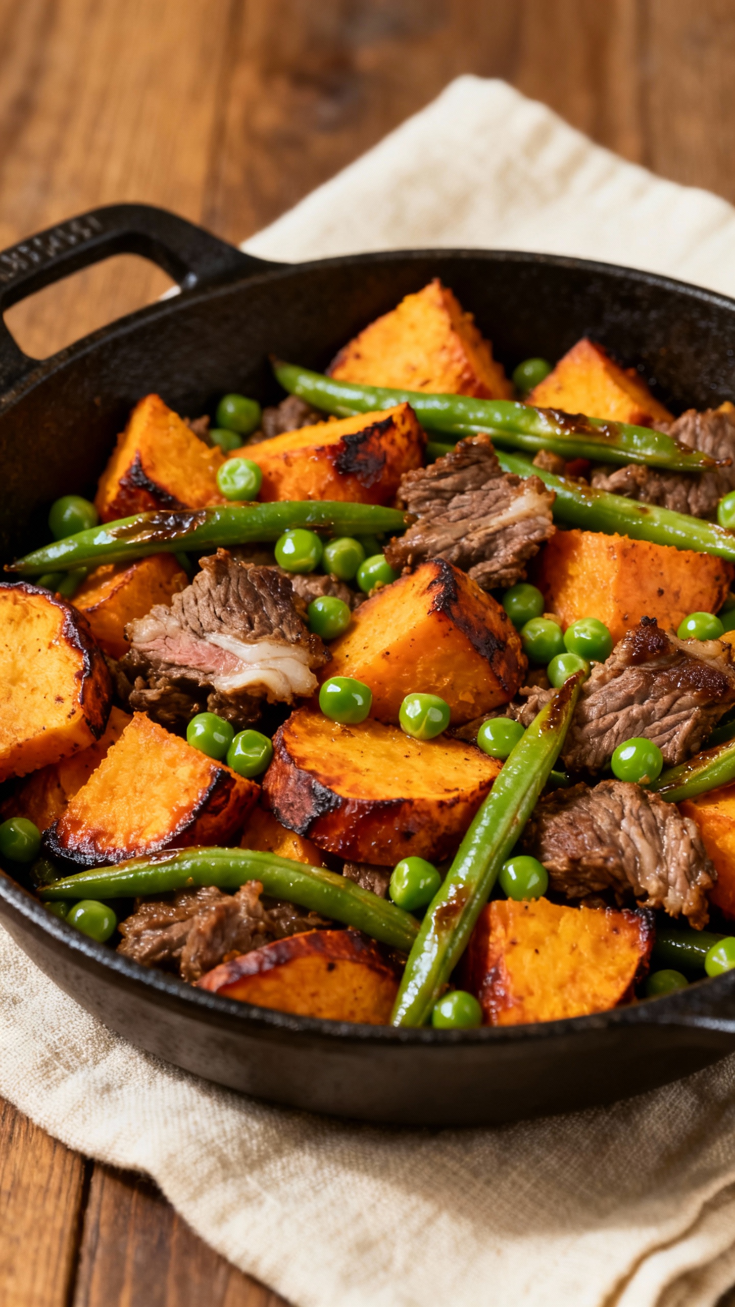 Overhead beef and sweet potato hash with green beans, peas