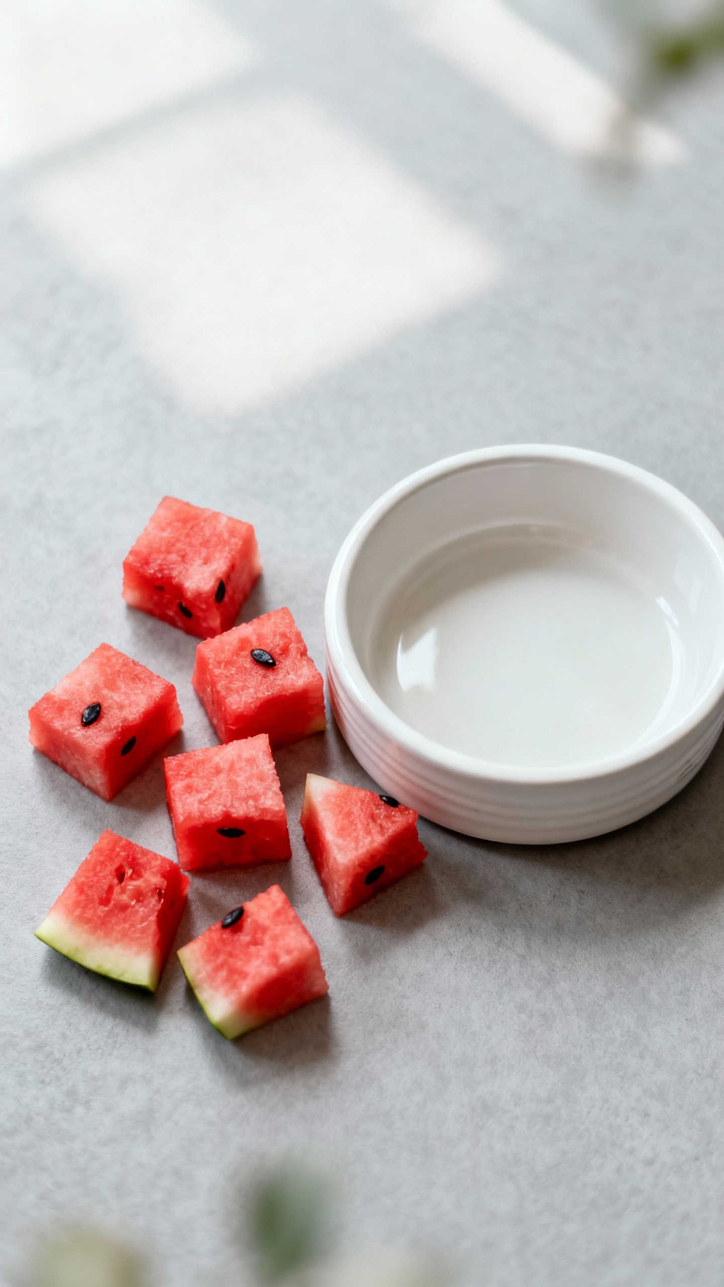 Overhead shot of seedless watermelon cubes beside empty dog bowl