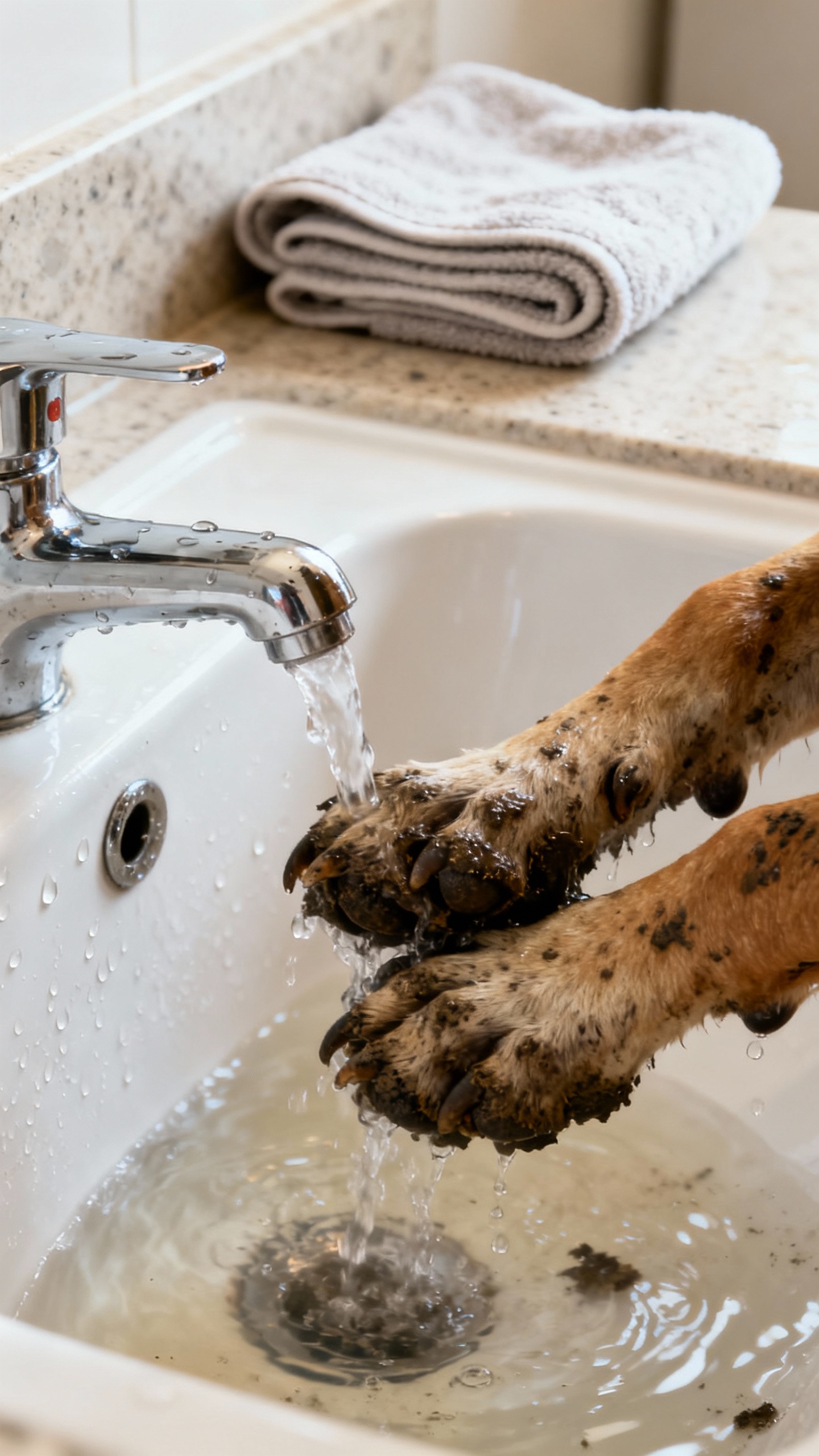 Rinsing muddy dog paws under lukewarm faucet, water droplets, white sink, towel ready nearby
