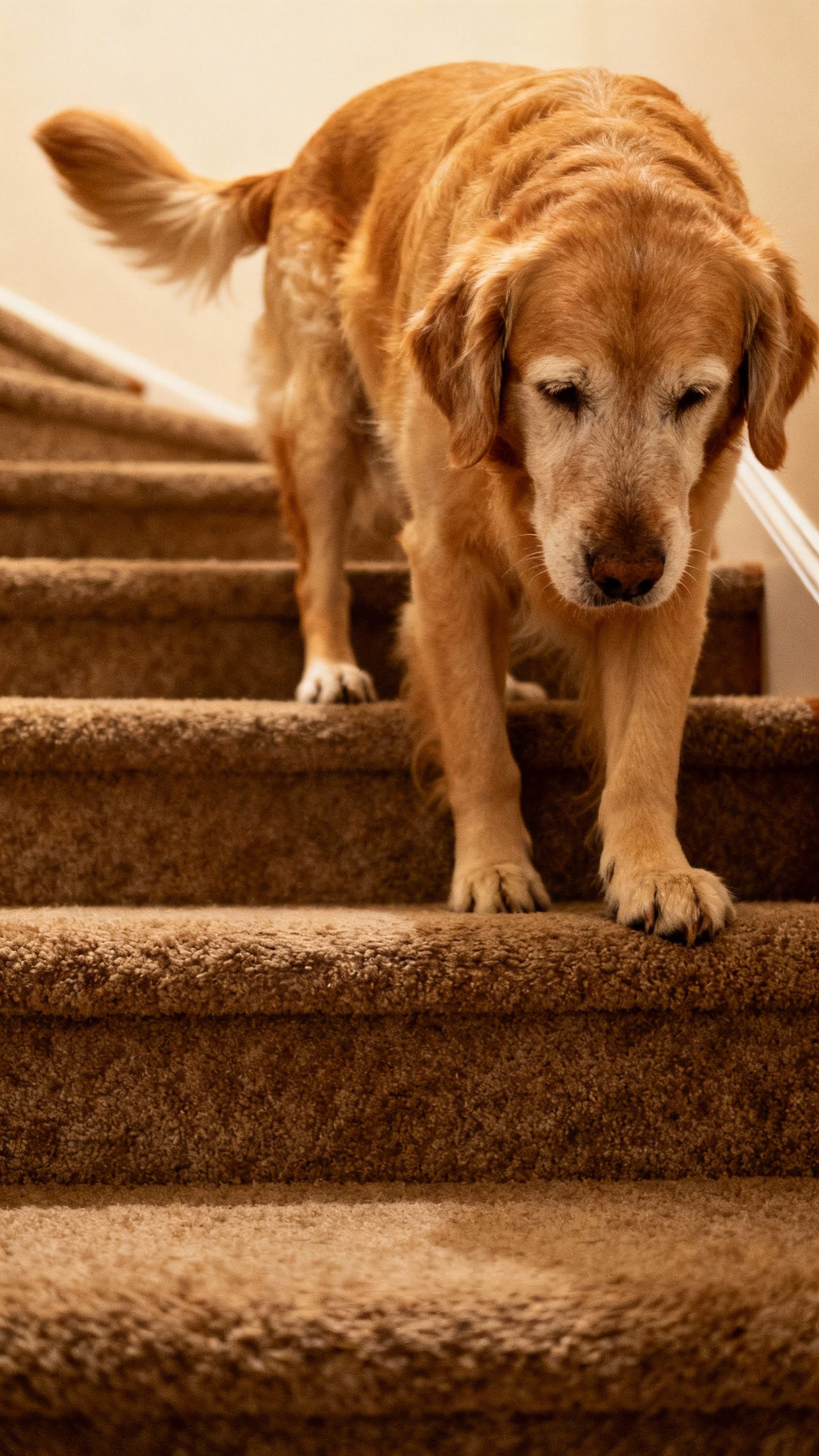 Senior golden retriever hesitating at carpeted stairs, tail tucked
