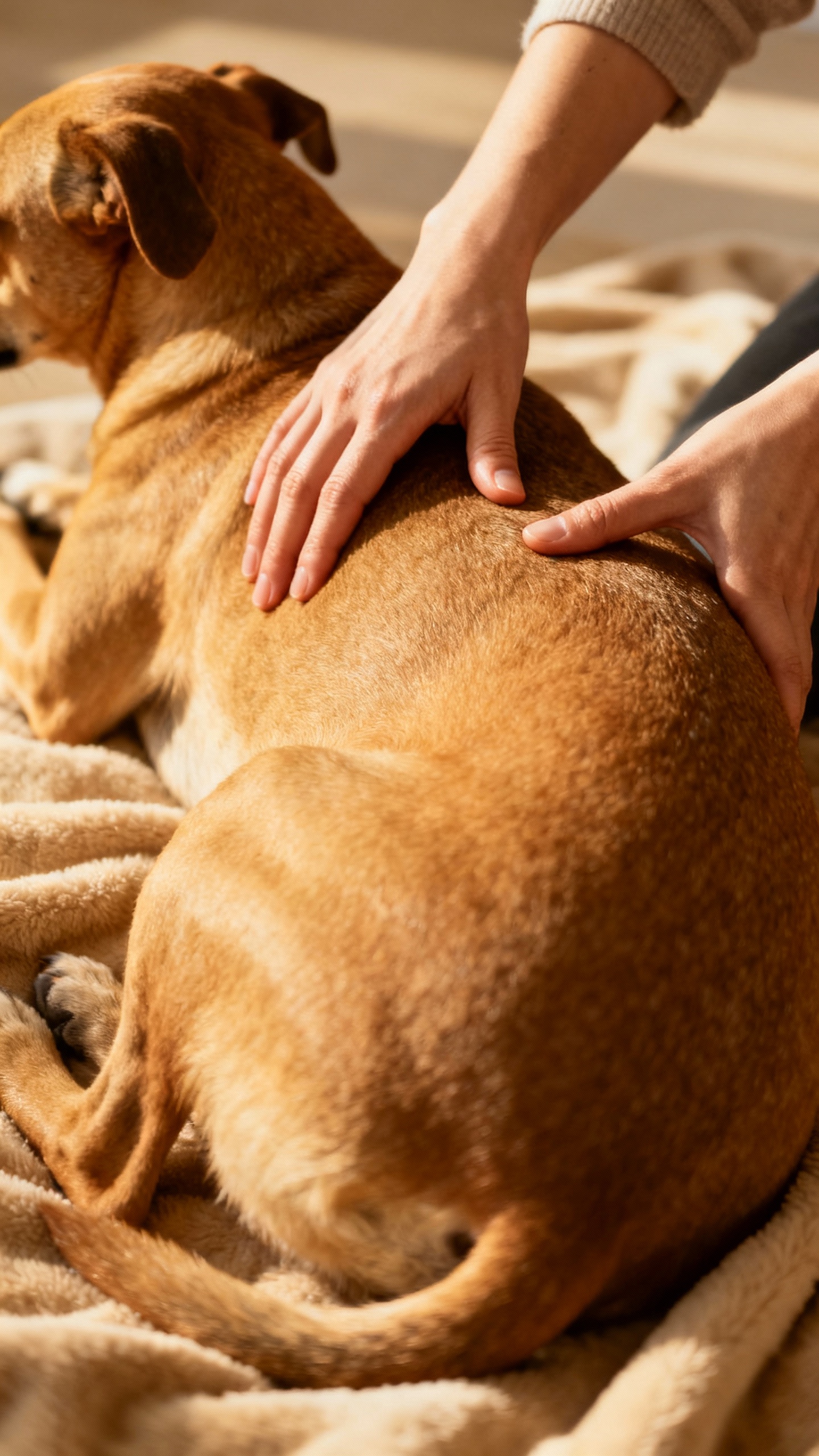 Woman’s thumbs kneading dog’s shoulder blades, short-haired tan dog