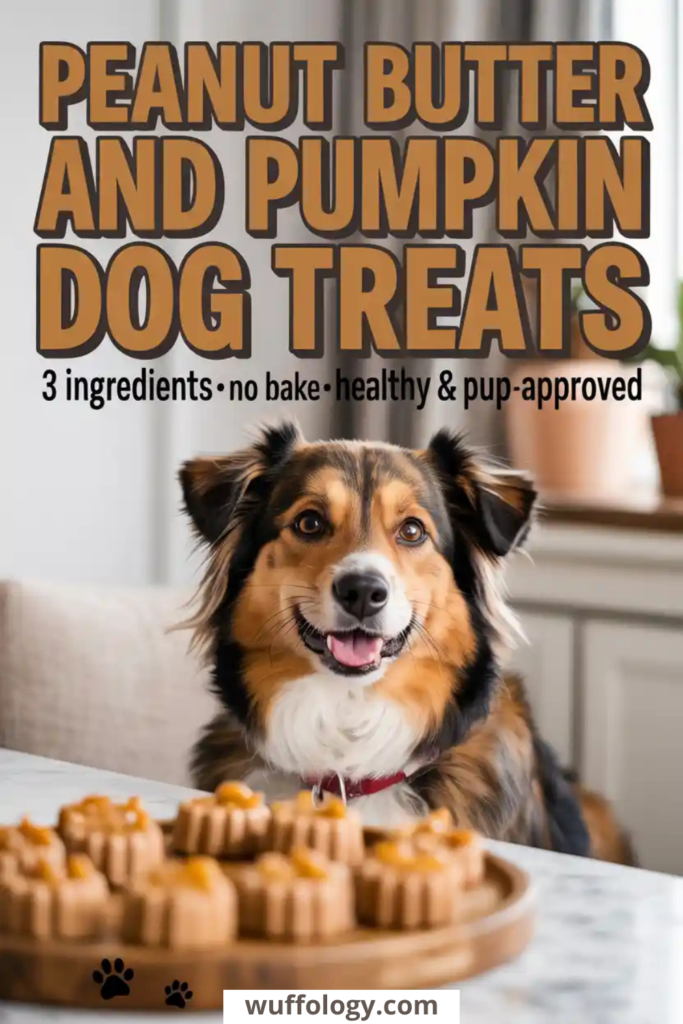 Alt text: “Happy dog sitting at a table with homemade peanut butter and pumpkin dog treats shaped like biscuits. Text on the image reads ‘Peanut Butter and Pumpkin Dog Treats – 3 ingredients, no bake, healthy & pup-approved,’ with a cozy kitchen background and Wuffology branding.”