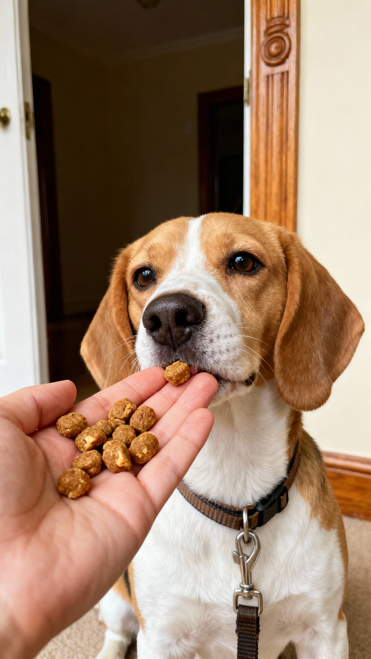 Closeup of hand feeding pea-sized chicken treats to alert beagle, leash on, indoors near doorway