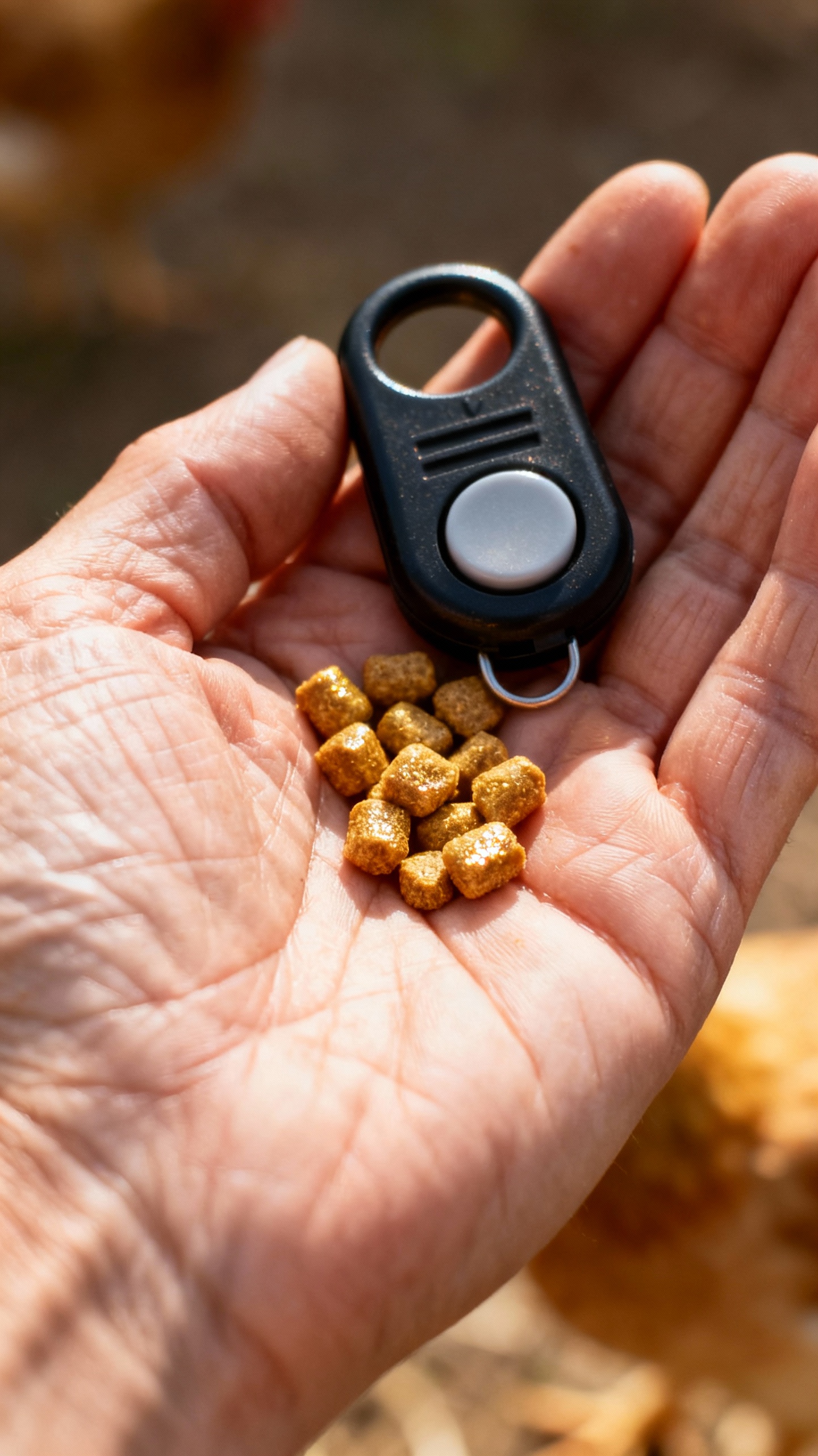 Closeup of hand holding clicker and tiny chicken treats