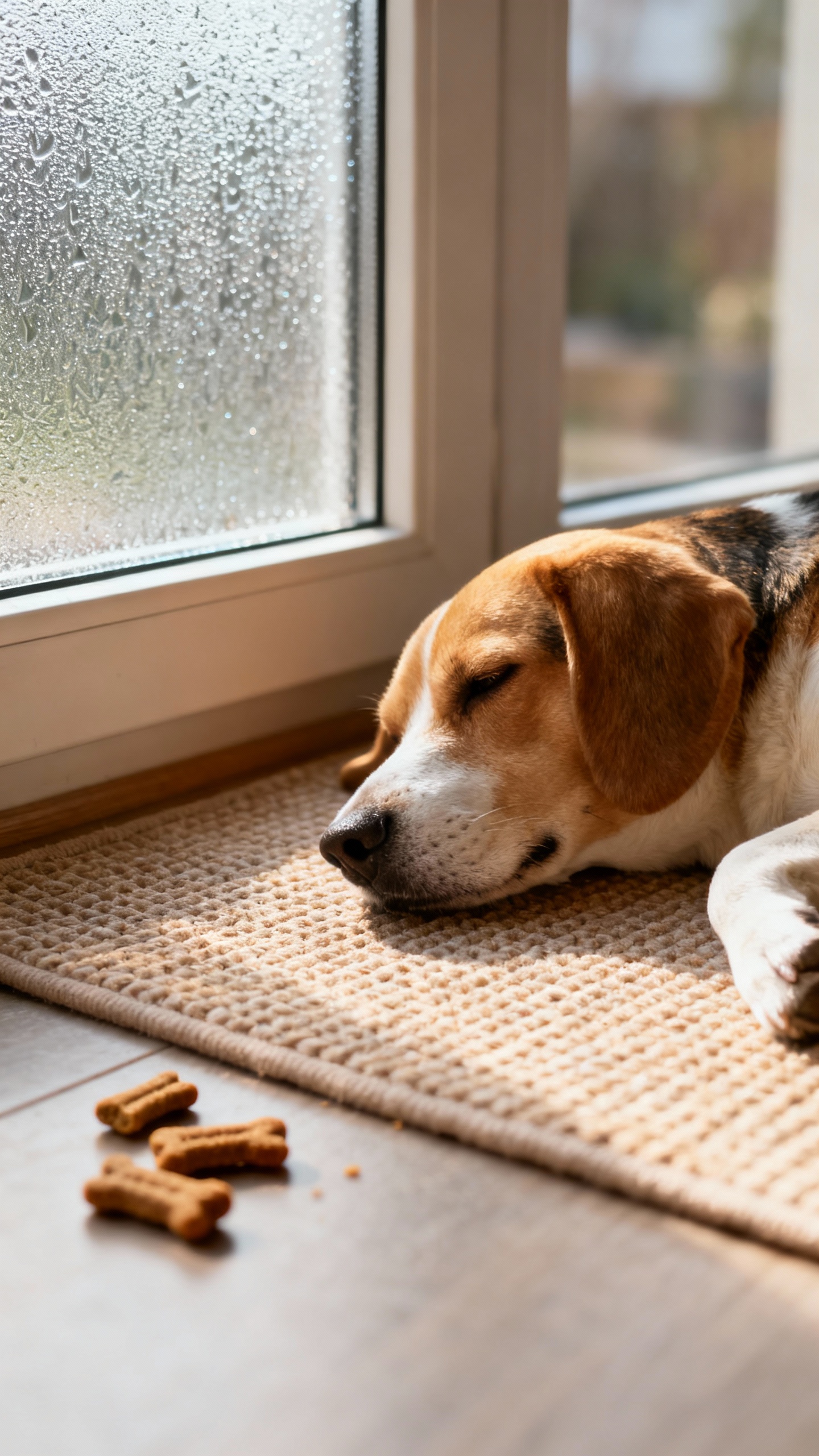 Dog on textured mat by window with frosted film, treats nearby
