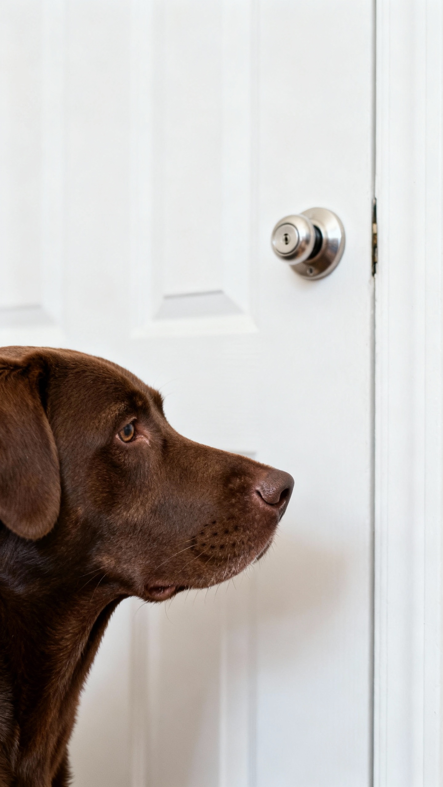 Doorbell closeup on white door as brown dog pauses, side profile